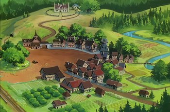 Movie still from “Animaniacs: Wakko's Wish” (1999), directed by Kirk Tingblad – An aerial view of a town with a lot of trees; Extreme Wide shot, High angle