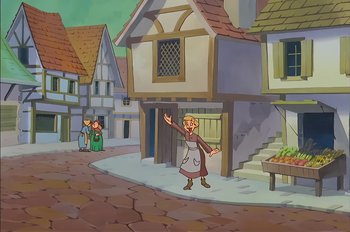 Movie still from “Animaniacs: Wakko's Wish” (1999), directed by Kirk Tingblad – A cartoon picture of a woman waving to a man; Wide shot, High angle