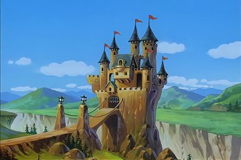 Movie still from “Animaniacs: Wakko's Wish” (1999), directed by Kirk Tingblad – An illustration of a castle on top of a hill; Extreme Wide shot, Low angle