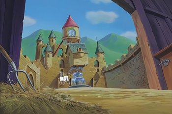 Movie still from “Animaniacs: Wakko's Wish” (1999), directed by Kirk Tingblad – An animated picture of a castle with a horse in front of it; Extreme Wide shot, Low angle