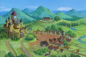 Movie still from “Animaniacs: Wakko's Wish” (1999), directed by Kirk Tingblad – An illustration of a town with a castle on top of it; Extreme Wide shot, High angle