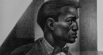 Movie still from “Anna Lucasta” (1958), directed by Arnold Laven – A black and white drawing of a man with a bow tie; Close Up shot, Over the shoulder angle