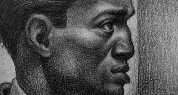 Movie still from “Anna Lucasta” (1958), directed by Arnold Laven – A man's face in a pencil drawing; Extreme Close Up shot, Low angle