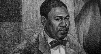 Movie still from “Anna Lucasta” (1958), directed by Arnold Laven – A black - and - white drawing of a man in a suit and bow tie; Close Up shot, Low angle