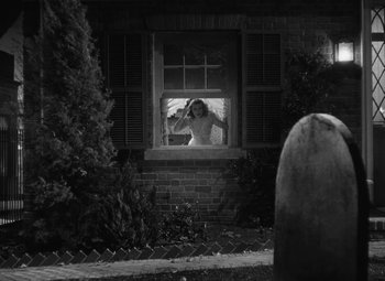 Movie still from “Arsenic and Old Lace” (1944), directed by Frank Capra – A woman standing in front of an open window; Extreme Wide shot, High angle
