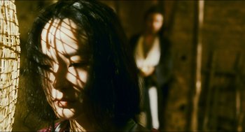 Movie still from “Ashes of Time” (1994), directed by Kar-Wai Wong – A woman with long dark hair is looking at the camera while a man is standing behind her; Close Up shot, Over the shoulder angle