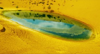 Movie still from “Ashes of Time” (1994), directed by Kar-Wai Wong – A blue pond in the middle of a yellow field; Extreme Wide shot, Overhead angle