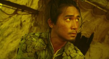 Movie still from “Ashes of Time” (1994), directed by Kar-Wai Wong – A man in a green jacket with leaves all over his body; Close Up shot, Low angle