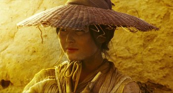 Movie still from “Ashes of Time” (1994), directed by Kar-Wai Wong – A woman wearing a straw hat and a yellow dress; Close Up shot, Low angle