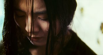 Movie still from “Ashes of Time” (1994), directed by Kar-Wai Wong – A person's face with long black hair; Extreme Close Up shot, Low angle