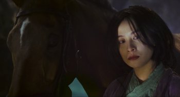 Movie still from “Ashes of Time” (1994), directed by Kar-Wai Wong – A woman standing next to a horse in a dark room; Close Up shot, Low angle