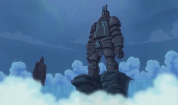 Movie still from “Atlantis: Milo's Return” (2003), directed by Tad Stones – An image of an animated character standing on a cliff; Extreme Wide shot, Low angle