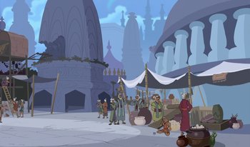Movie still from “Atlantis: Milo's Return” (2003), directed by Tad Stones – An illustration of people standing in a marketplace; Extreme Wide shot, High angle