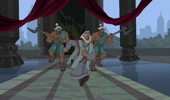 Movie still from “Atlantis: Milo's Return” (2003), directed by Tad Stones – A group of men in ancient roman garb are running; Wide shot, Over the shoulder angle
