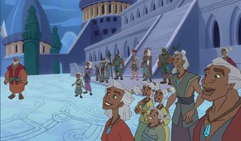 Movie still from “Atlantis: Milo's Return” (2003), directed by Tad Stones – A group of people standing in front of a building; Wide shot, High angle