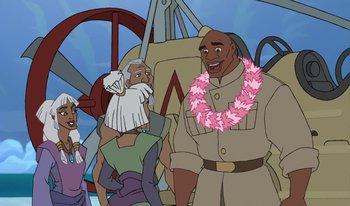 Movie still from “Atlantis: Milo's Return” (2003), directed by Tad Stones – A group of men standing next to each other; Medium shot, Over the shoulder angle