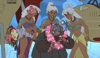 Movie still from “Atlantis: Milo's Return” (2003), directed by Tad Stones – A group of women standing next to each other; Medium shot, Low angle