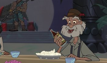 Movie still from “Atlantis: Milo's Return” (2003), directed by Tad Stones – An old man sitting at a table holding a bottle; Close Up shot, High angle