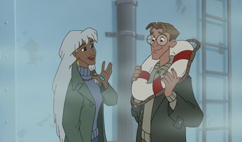 Movie still from “Atlantis: Milo's Return” (2003), directed by Tad Stones – Two people standing next to each other on a street; Medium shot, High angle