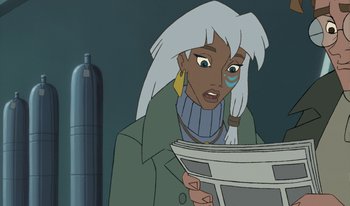 Movie still from “Atlantis: Milo's Return” (2003), directed by Tad Stones – An animated woman is reading a newspaper; Close Up shot, Low angle