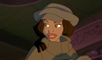 Movie still from “Atlantis: Milo's Return” (2003), directed by Tad Stones – A woman in a hat and a trench coat is smiling; Close Up shot, Low angle