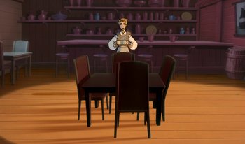 Movie still from “Atlantis: Milo's Return” (2003), directed by Tad Stones – An animated man is standing in front of a dining room table; Wide shot, High angle