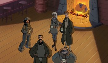 Movie still from “Atlantis: Milo's Return” (2003), directed by Tad Stones – A group of people standing in front of a fire place; Wide shot, High angle