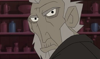 Movie still from “Atlantis: Milo's Return” (2003), directed by Tad Stones – An old man with a gray beard is looking at the camera; Close Up shot, Low angle