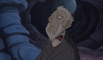 Movie still from “Atlantis: Milo's Return” (2003), directed by Tad Stones – An old man with a long white beard; Close Up shot, Low angle