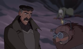 Movie still from “Atlantis: Milo's Return” (2003), directed by Tad Stones – A man and a woman are standing next to each other in front of a sky background; Close Up shot, Over the shoulder angle