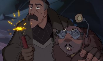 Movie still from “Atlantis: Milo's Return” (2003), directed by Tad Stones – An old man holding a sparkler while a dog looks at him; Close Up shot, Low angle