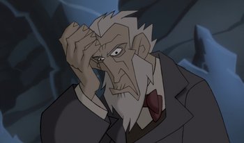 Movie still from “Atlantis: Milo's Return” (2003), directed by Tad Stones – An old man with a gray beard and a red neck tie; Close Up shot, High angle