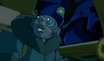 Movie still from “Atlantis: Milo's Return” (2003), directed by Tad Stones – An image of an animated character in a cartoon style; Close Up shot, Low angle