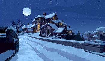 Movie still from “Atlantis: Milo's Return” (2003), directed by Tad Stones – An illustration of a house with a full moon in the background; Extreme Wide shot, Low angle