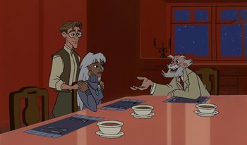 Movie still from “Atlantis: Milo's Return” (2003), directed by Tad Stones – An old man and woman are sitting at a dinner table; Medium shot, Over the shoulder angle