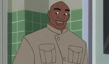 Movie still from “Atlantis: Milo's Return” (2003), directed by Tad Stones – An animated picture of a man smiling for the camera; Medium shot, Low angle