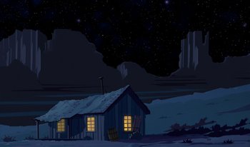 Movie still from “Atlantis: Milo's Return” (2003), directed by Tad Stones – An illustration of a cabin in the woods at night; Extreme Wide shot, Low angle