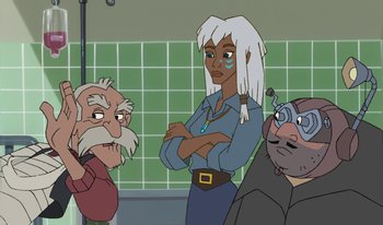 Movie still from “Atlantis: Milo's Return” (2003), directed by Tad Stones – A group of people standing next to each other in front of a wall; Medium shot, Over the shoulder angle