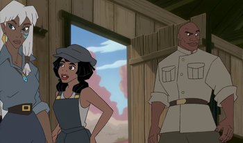 Movie still from “Atlantis: Milo's Return” (2003), directed by Tad Stones – An animated woman standing next to an older man; Medium shot, Over the shoulder angle
