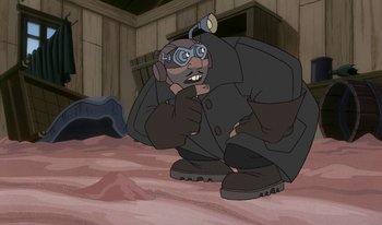 Movie still from “Atlantis: Milo's Return” (2003), directed by Tad Stones – An animated character is wearing goggles and a jacket; Medium shot, High angle