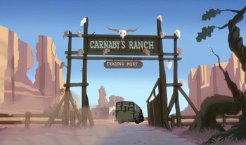 Movie still from “Atlantis: Milo's Return” (2003), directed by Tad Stones – An animated scene of a ranch with a truck driving down the road; Wide shot, Low angle