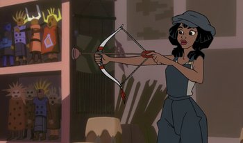 Movie still from “Atlantis: Milo's Return” (2003), directed by Tad Stones – An animated woman is holding a bow and arrow; Medium shot, Over the shoulder angle