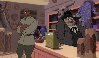 Movie still from “Atlantis: Milo's Return” (2003), directed by Tad Stones – Two men are sitting at a counter in front of a bag; Medium shot, Over the shoulder angle