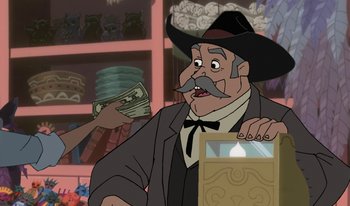 Movie still from “Atlantis: Milo's Return” (2003), directed by Tad Stones – An old man in a cowboy hat is holding a bag of money; Medium shot, Over the shoulder angle