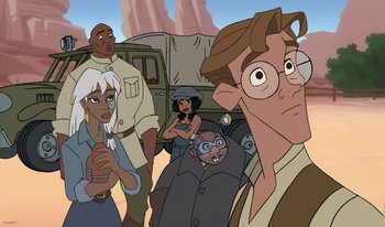 Movie still from “Atlantis: Milo's Return” (2003), directed by Tad Stones – A group of people standing next to each other in front of a truck; Medium shot, Over the shoulder angle