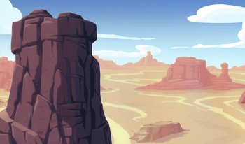 Movie still from “Atlantis: Milo's Return” (2003), directed by Tad Stones – An illustration of a desert landscape with mountains in the background; Extreme Wide shot, High angle