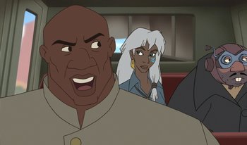 Movie still from “Atlantis: Milo's Return” (2003), directed by Tad Stones – An animated man and a woman in front of another man; Close Up shot, Low angle