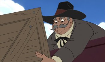 Movie still from “Atlantis: Milo's Return” (2003), directed by Tad Stones – An old man with a mustache wearing a cowboy hat; Close Up shot, Low angle