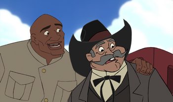 Movie still from “Atlantis: Milo's Return” (2003), directed by Tad Stones – A cartoon of a man in a cowboy hat and another man in a cowboy hat; Close Up shot, Low angle