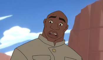 Movie still from “Atlantis: Milo's Return” (2003), directed by Tad Stones – An animated man with a surprised look on his face; Close Up shot, Low angle